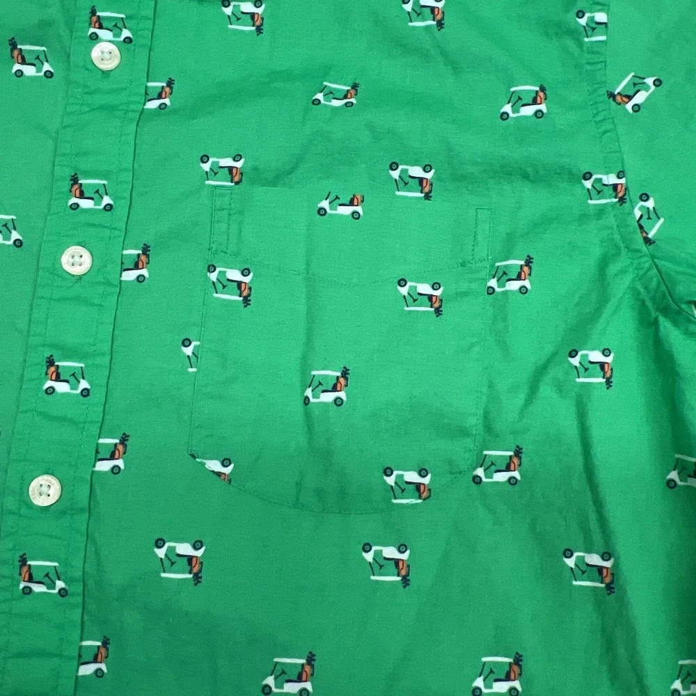 Lands End Shirt Mens M Green Golf Cart Print Short Sleeve Button Traditional Fit